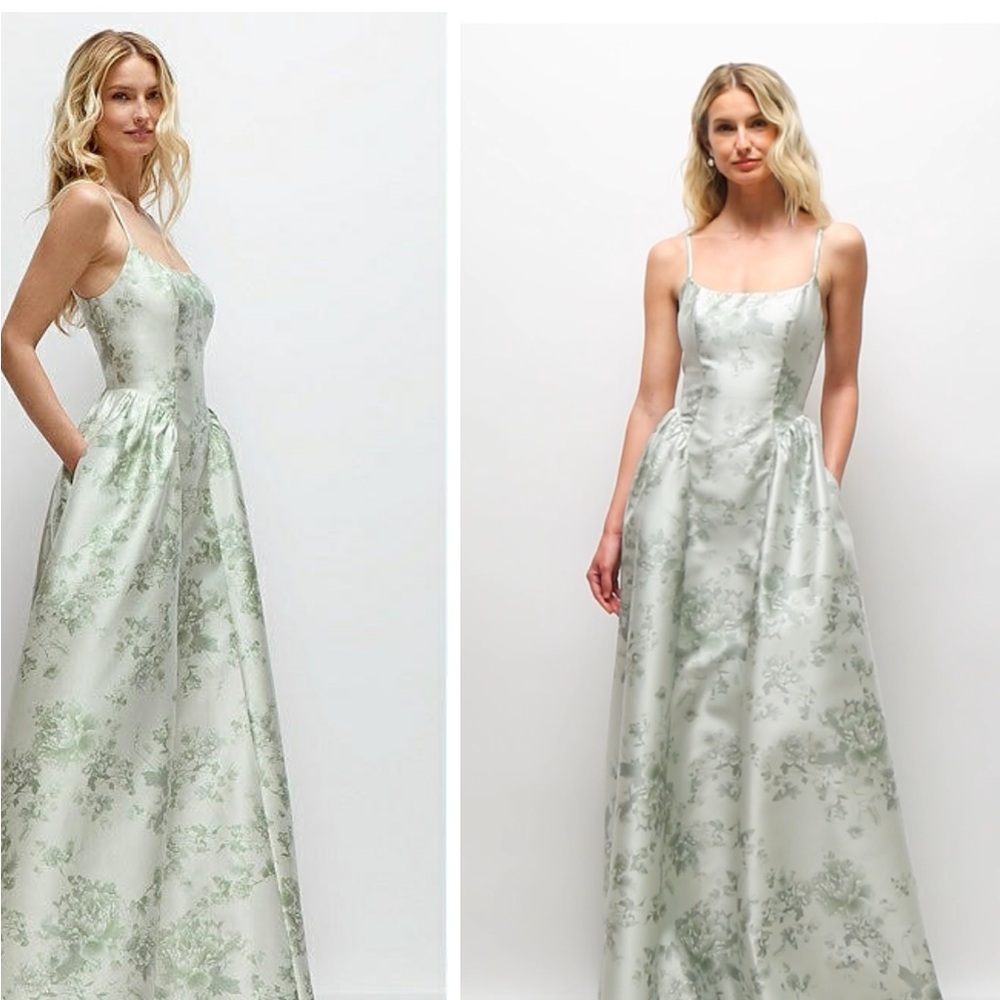Dessy Collection DROP BASQUE SKIRT FLORAL SATIN MAXI DRESS SAGE COTTAGE ROSE